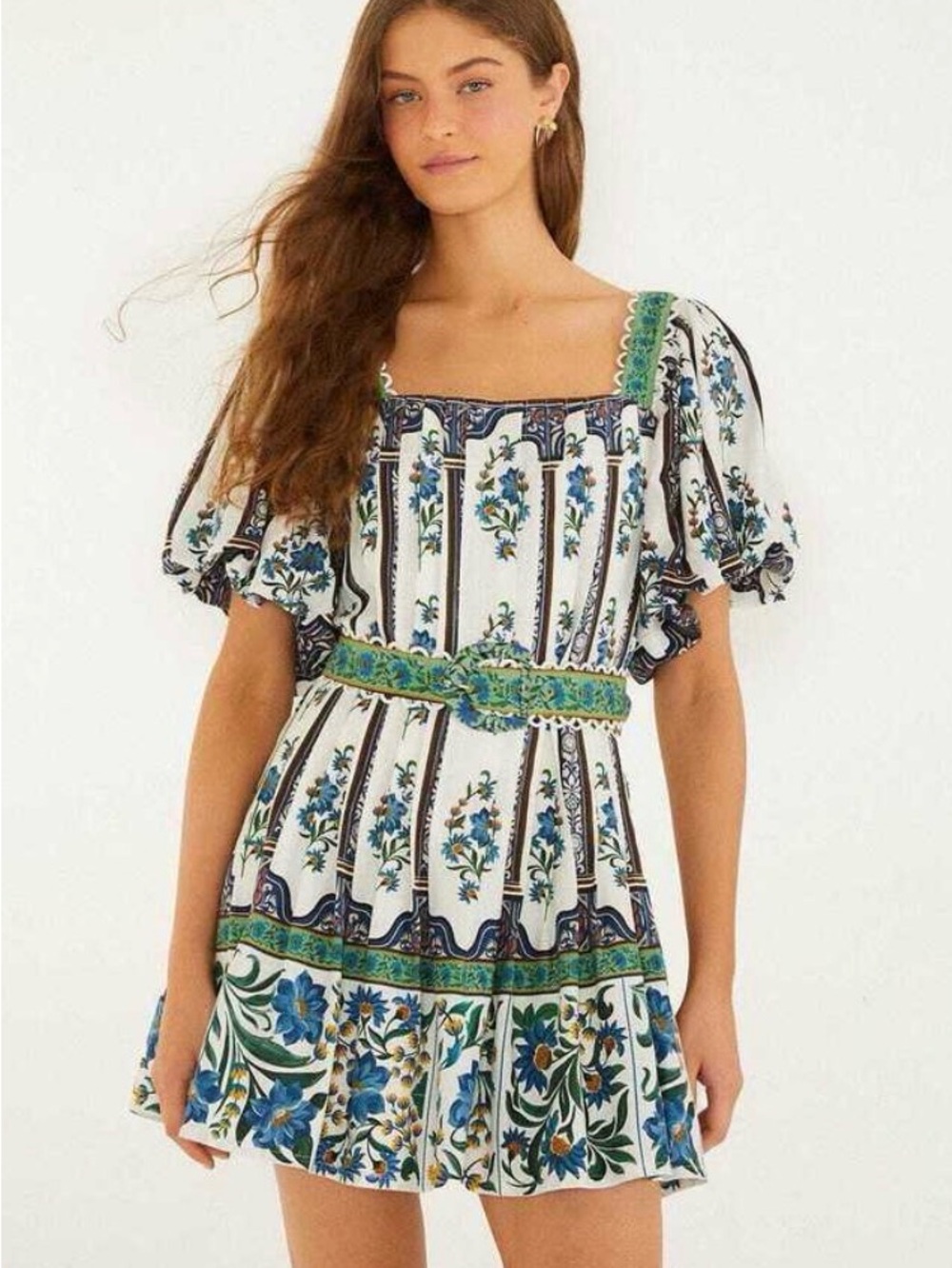 NWT FARM Rio White Mini Dress with Blue and Green Floral Print
